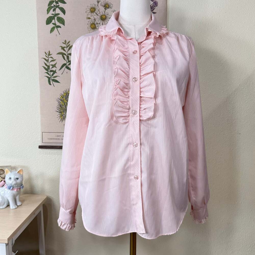 Vintage 80s Pink Striped Ruffle Button Up Shirt Coquette Dolly Romantic Femme XL